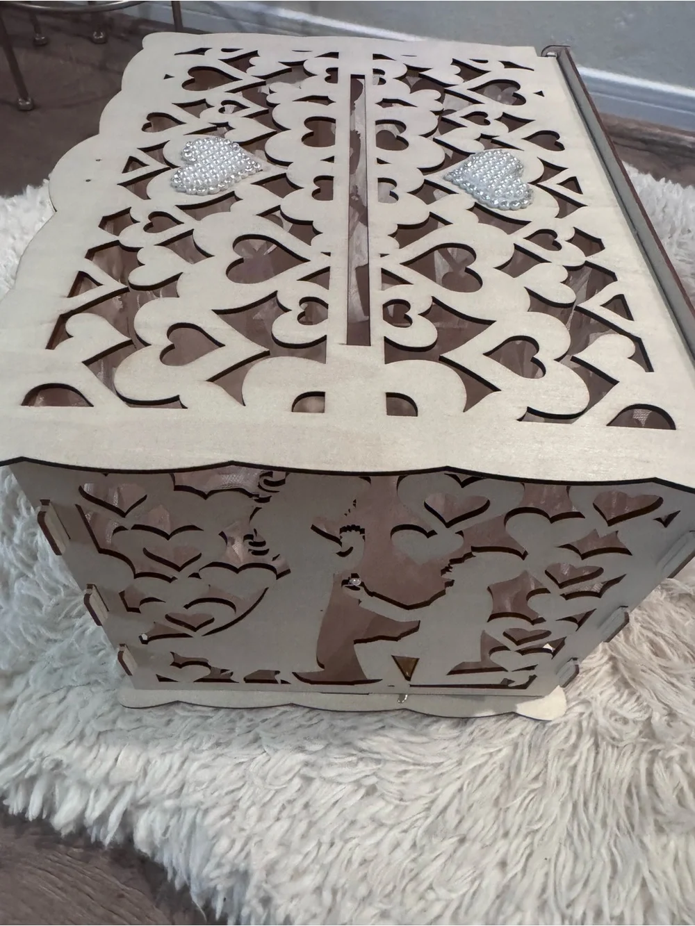 Laser-Cut Heart Keepsake Box in Light Beige with Pearl Accents